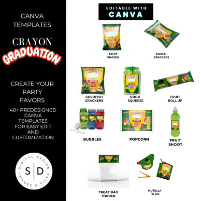 🎓 Crayon Graduation Party Favor Canva Template Bundle