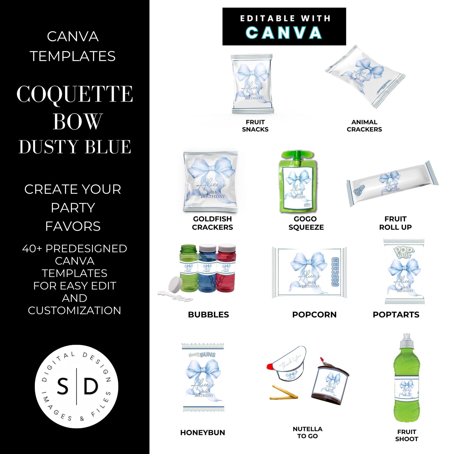 Dusty Blue Coquette Bow Party Favor Canva Template Bundle ✨