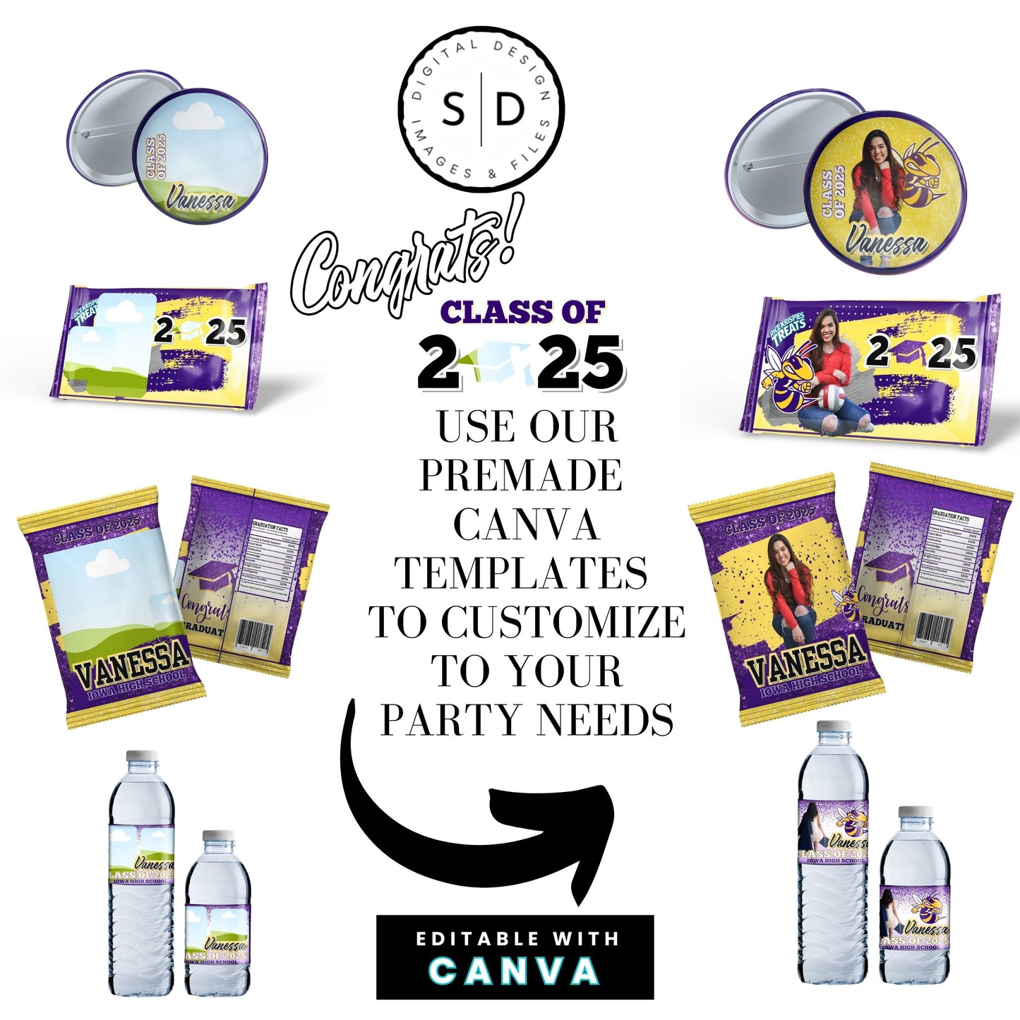 Congrats Class of 2025 – Purple & Yellow Graduation Party Favor Bundle