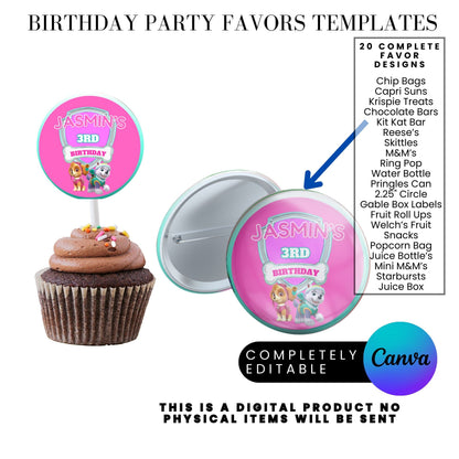 Pink Puppy Patrol Birthday Party Favor Templates Bundle
