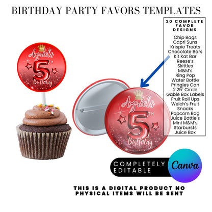 Red Princess Glitter Birthday Party Favor Templates Bundle