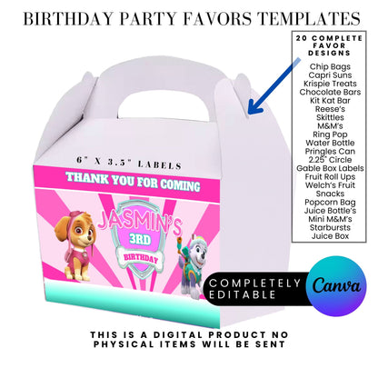 Pink Puppy Patrol Birthday Party Favor Templates Bundle