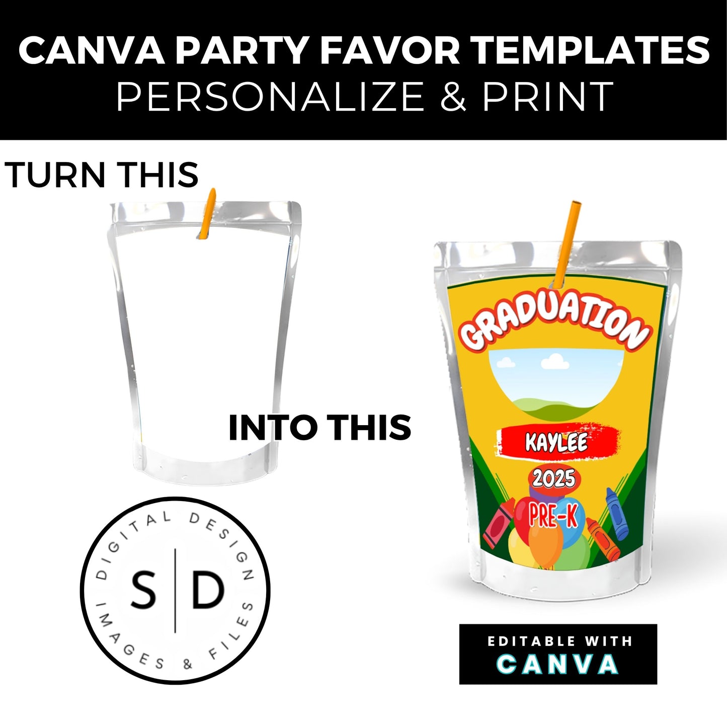🎓 Crayon Graduation Party Favor Canva Template Bundle