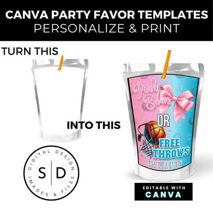 Pink Bows or Free Throws Gender Reveal Party Favor Canva Template Bundle