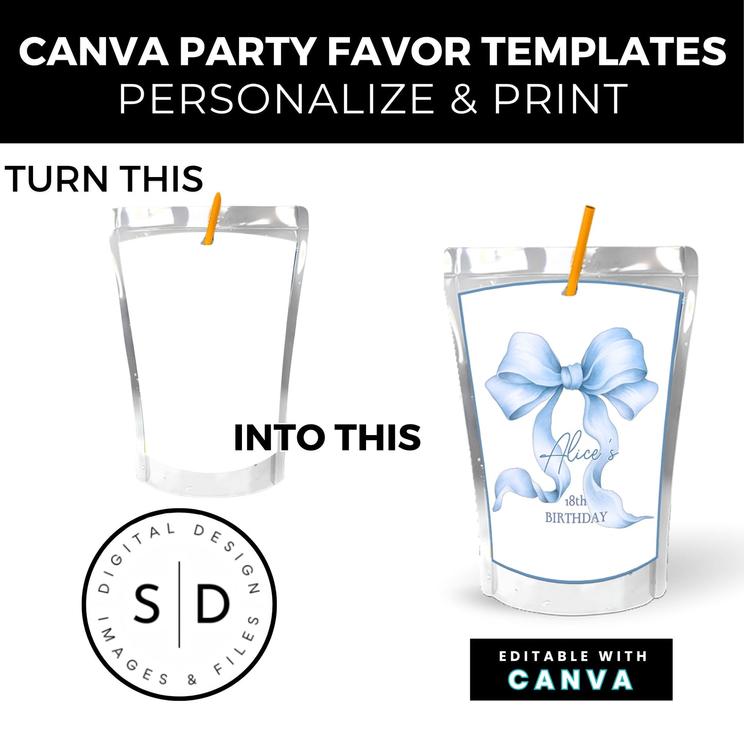 Dusty Blue Coquette Bow Party Favor Canva Template Bundle ✨