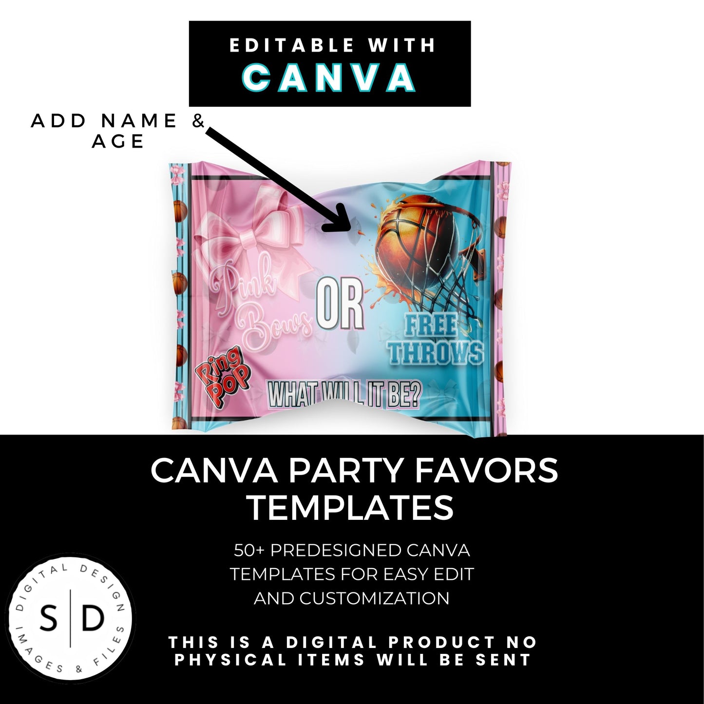 Pink Bows or Free Throws Gender Reveal Party Favor Canva Template Bundle