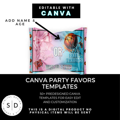 Pink Bows or Free Throws Gender Reveal Party Favor Canva Template Bundle