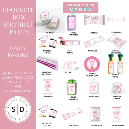 Pink Coquette Bow Party Favor Canva Template Bundle 🎀✨