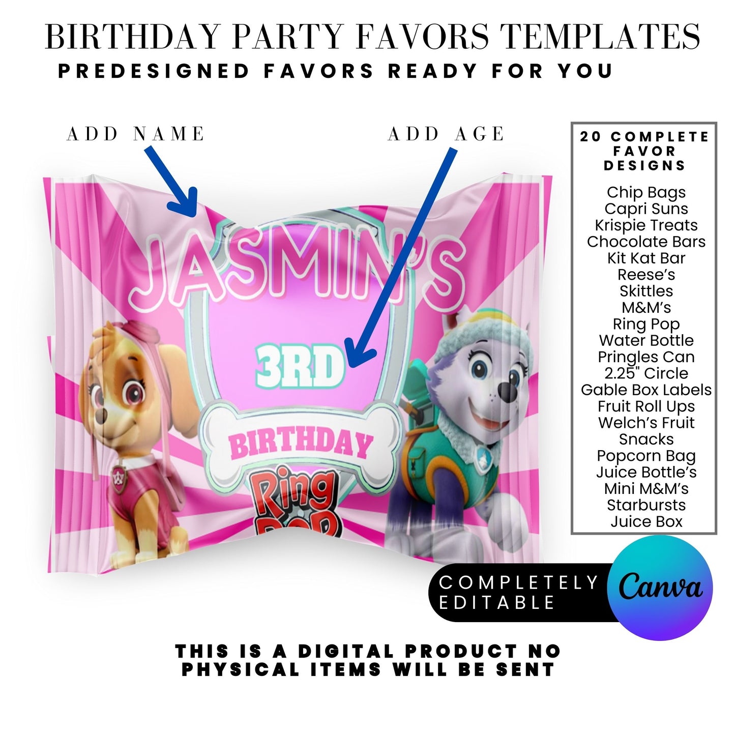 Pink Puppy Patrol Birthday Party Favor Templates Bundle