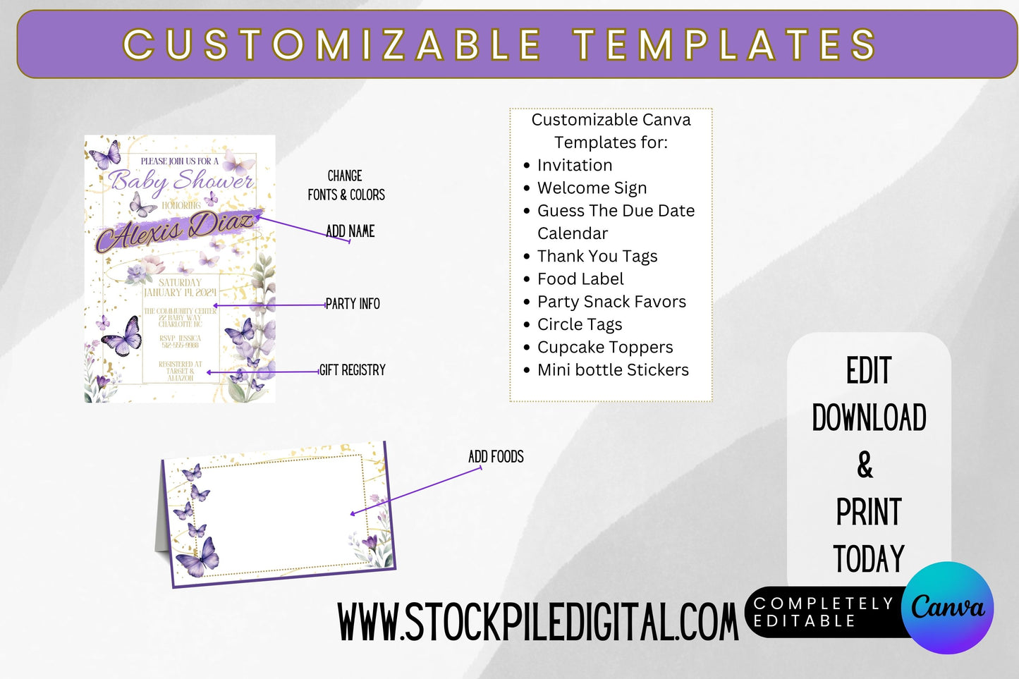 Purple Watercolor Butterfly Baby Shower Bundle