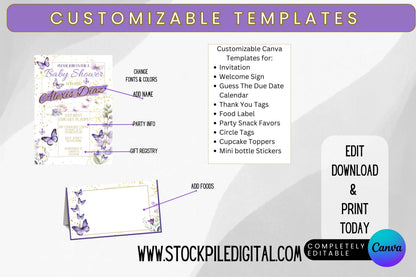 Purple Watercolor Butterfly Baby Shower Bundle
