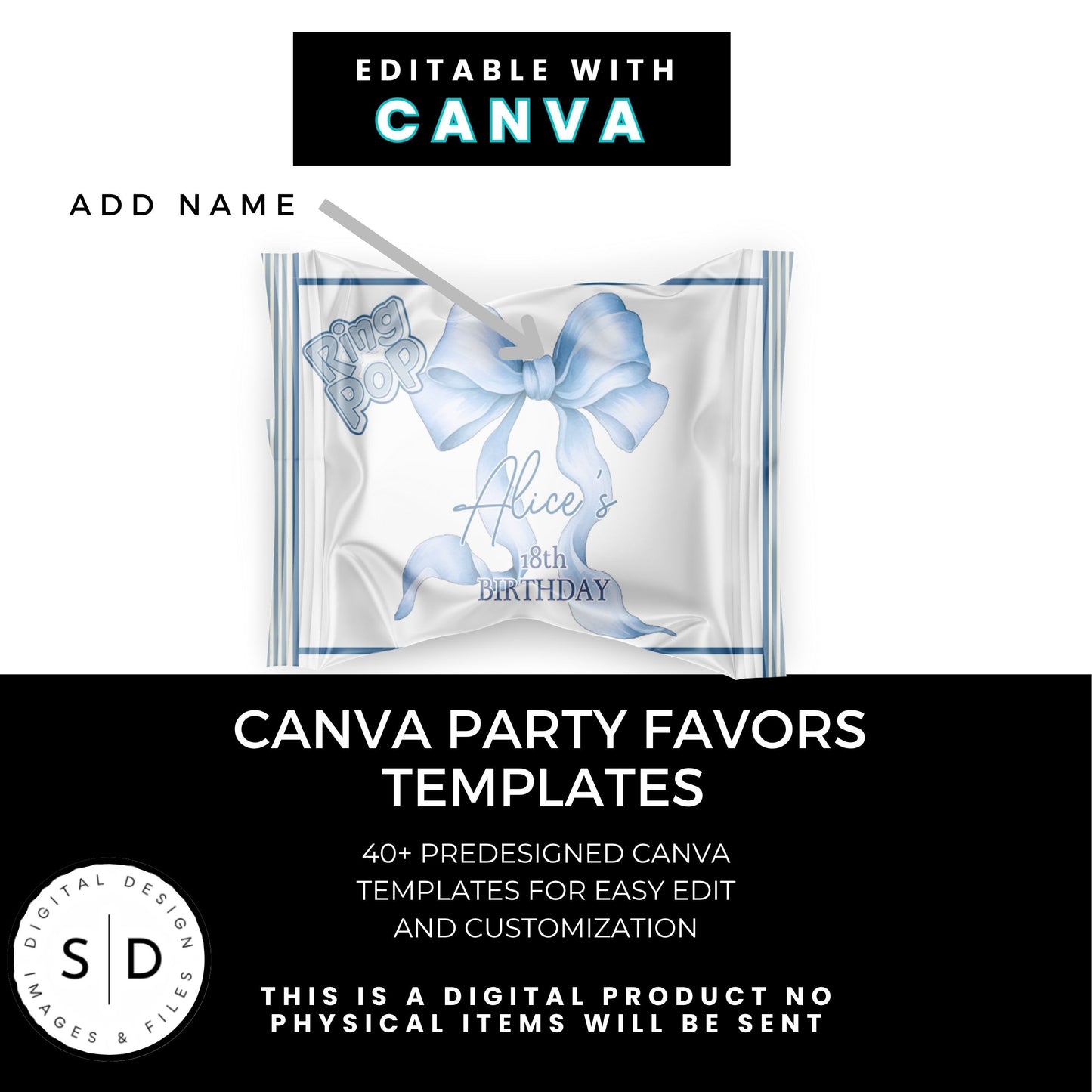 Dusty Blue Coquette Bow Party Favor Canva Template Bundle ✨