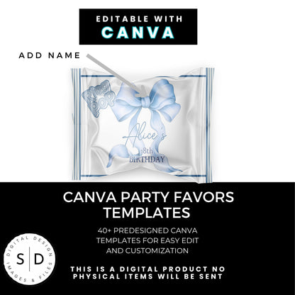 Dusty Blue Coquette Bow Party Favor Canva Template Bundle ✨