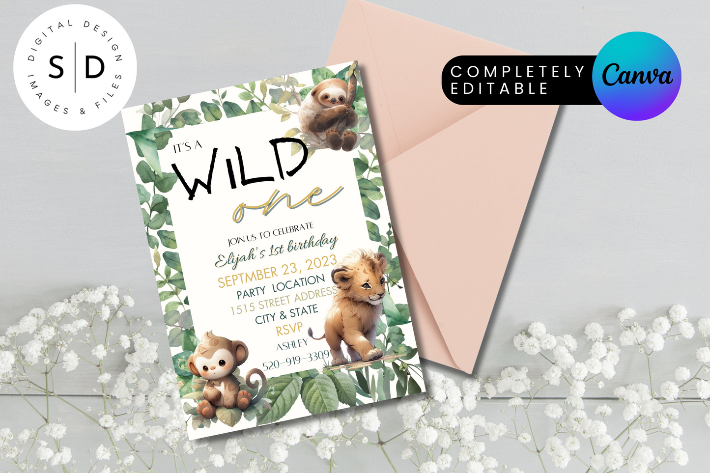 Wild One Jungle Safari 1st Birthday Party Invitation