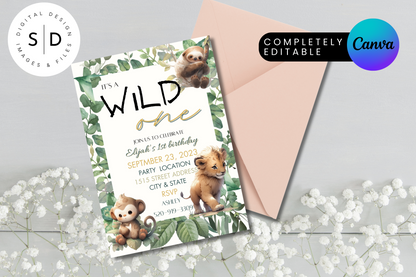 Wild One Jungle Safari 1st Birthday Party Invitation