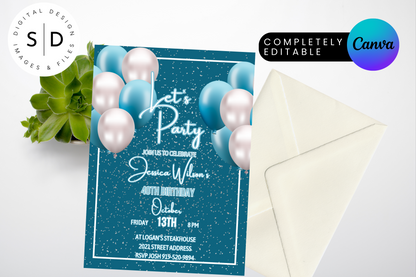 Let's Party birthday party invitation (Blue & Silver)