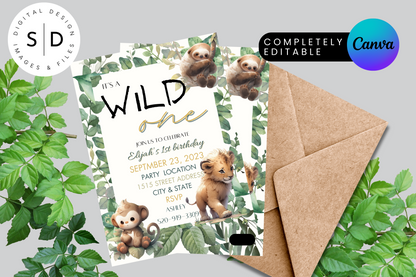 Wild One Jungle Safari 1st Birthday Party Invitation