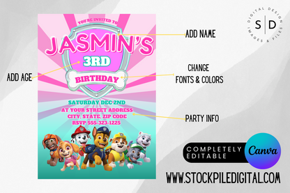 Puppy Patrol Pink Birthday Invitation