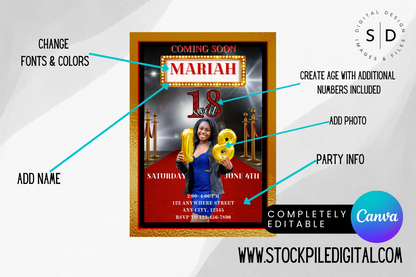 Hollywood Red Carpet Birthday Party Invitation