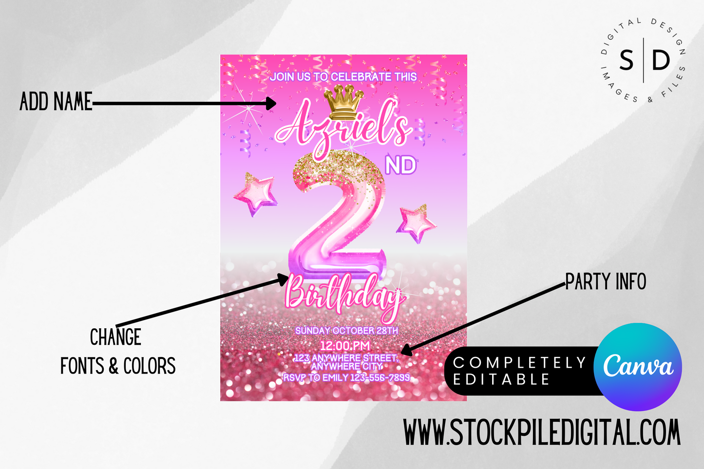Pink Princess Crown Foil Birthday Party Invitation