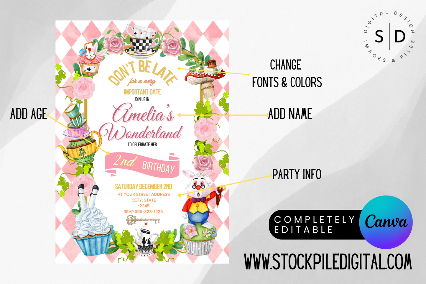 Alice In Wonderland Birthday Invitation Editable