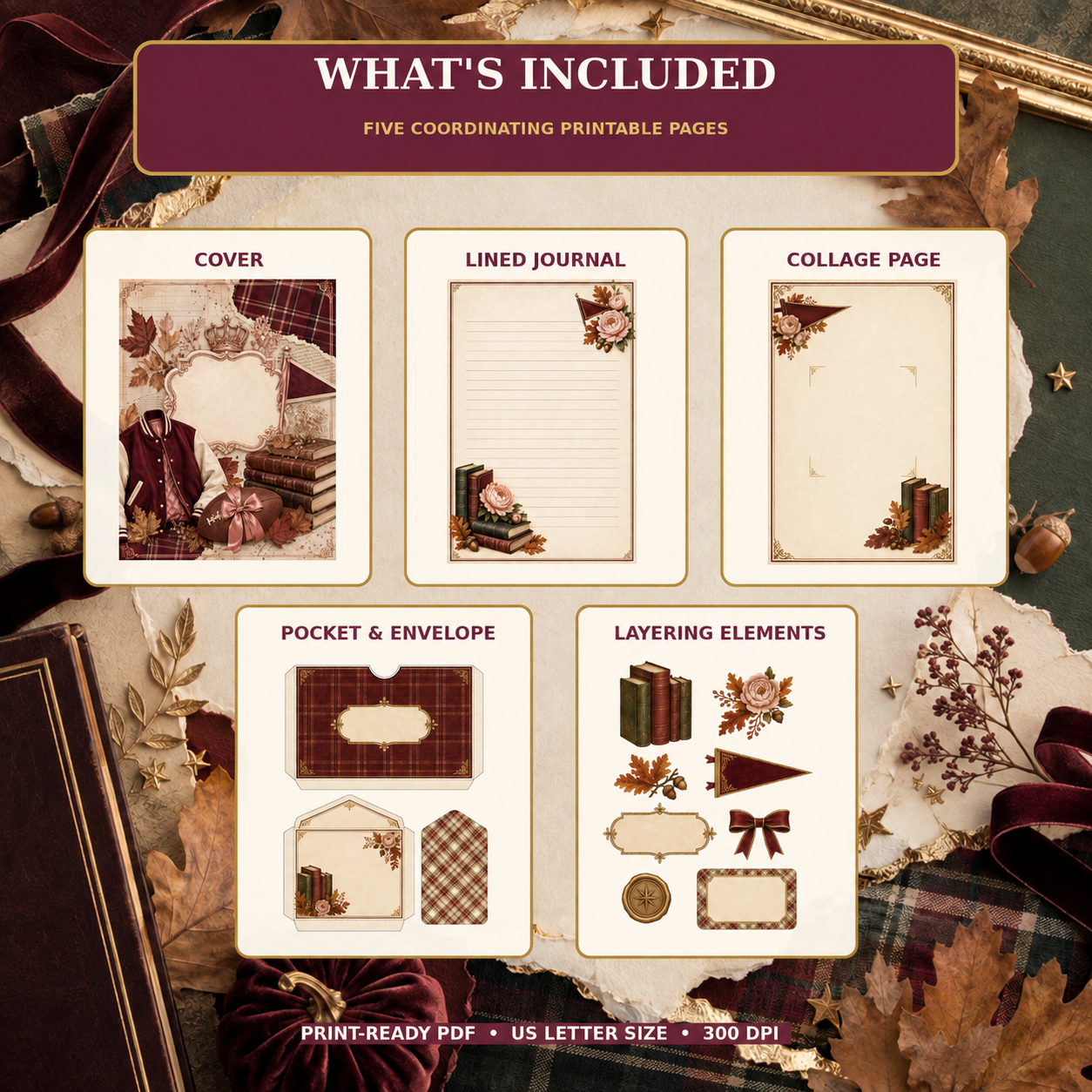 Preppy Autumn Junk Journal Mini Set | 5 Printable Pages & 8 Transparent PNG Elements