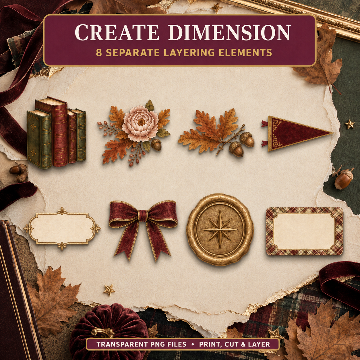 Preppy Autumn Junk Journal Mini Set | 5 Printable Pages & 8 Transparent PNG Elements
