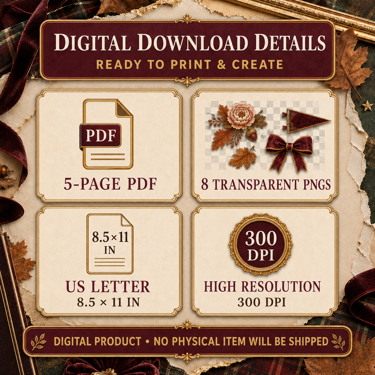 Preppy Autumn Junk Journal Mini Set | 5 Printable Pages & 8 Transparent PNG Elements