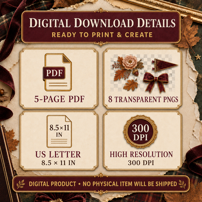 Preppy Autumn Junk Journal Mini Set | 5 Printable Pages & 8 Transparent PNG Elements