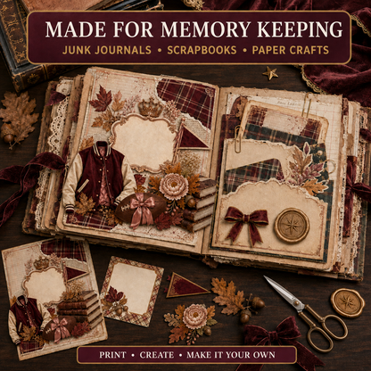 Preppy Autumn Junk Journal Mini Set | 5 Printable Pages & 8 Transparent PNG Elements