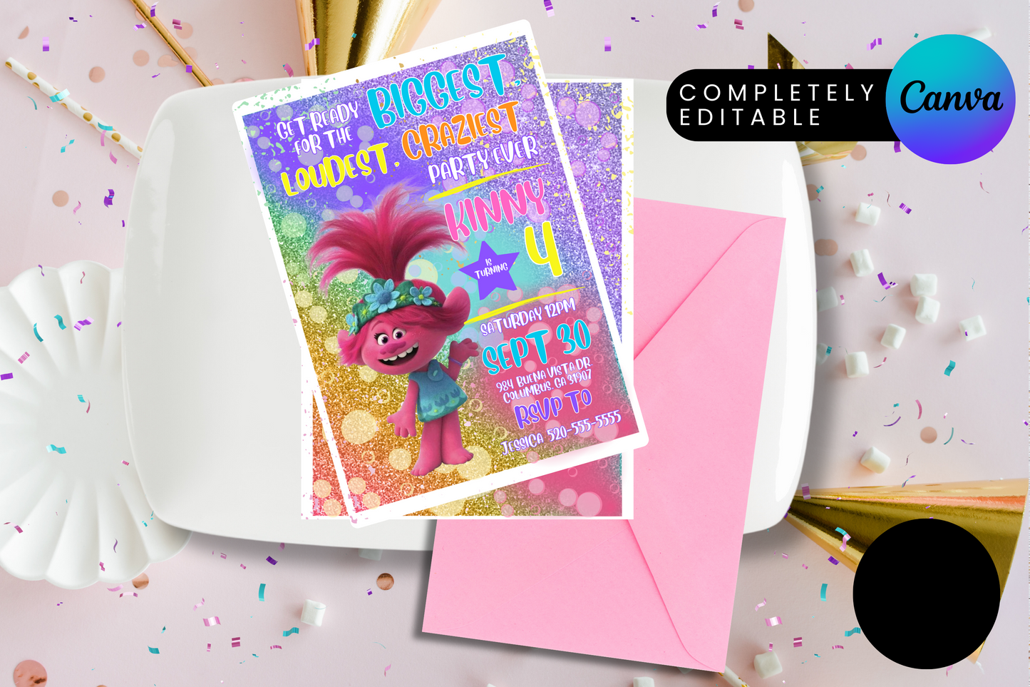 Trolls Crazy Party Birthday Party Invitation