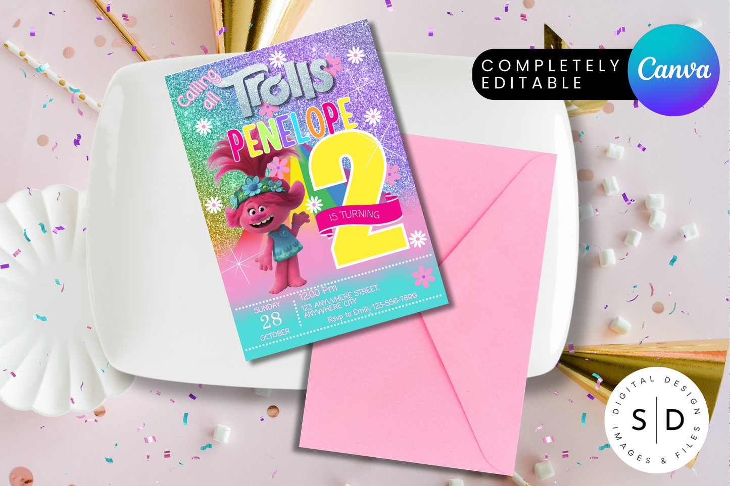 Calling All Trolls Birthday Party Invitation