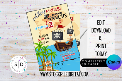 Ahoy Maties Pirate Captain Birthday Party Invitation