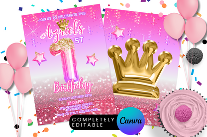 Pink Princess Crown Foil Birthday Party Invitation