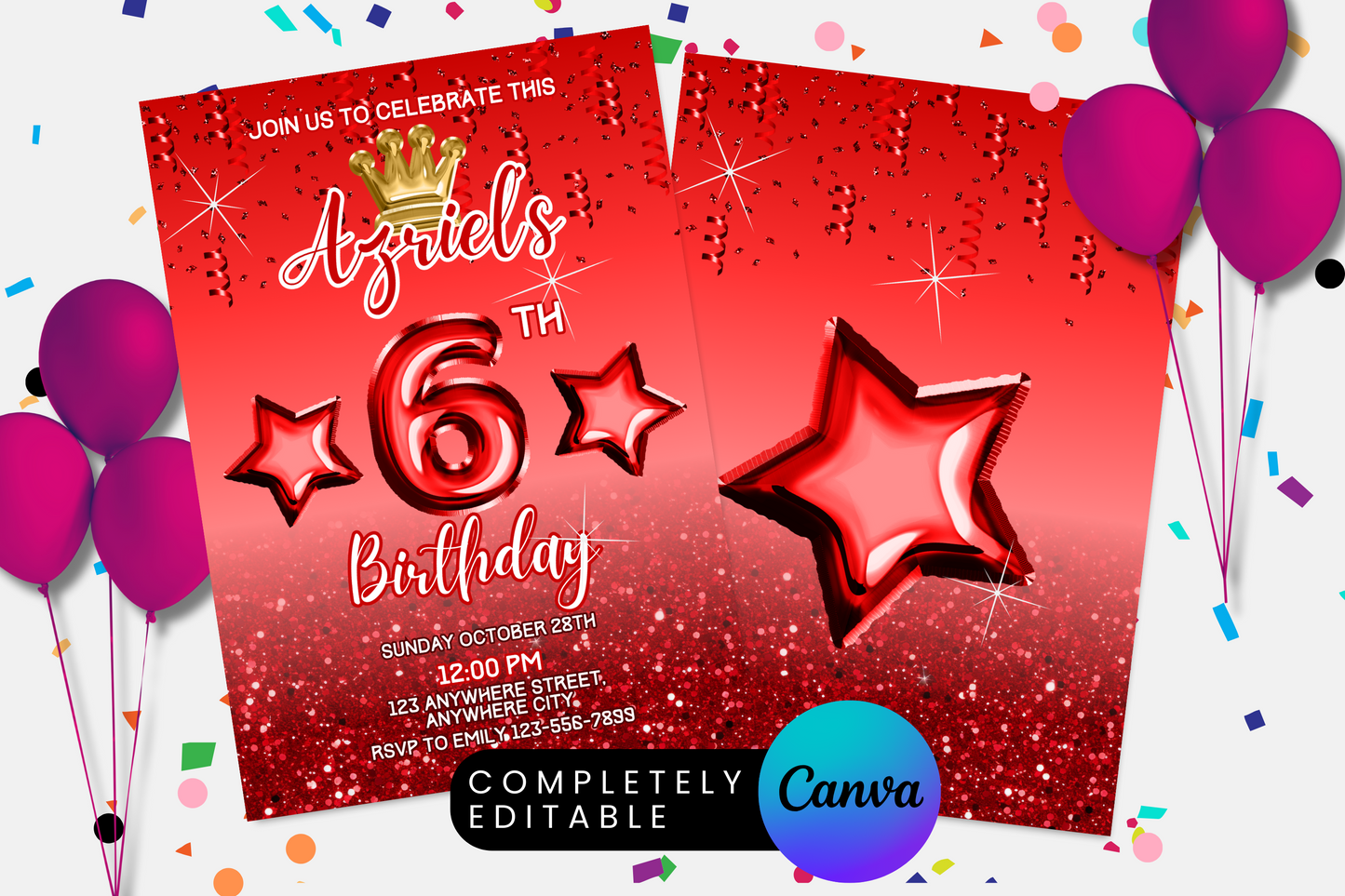 Red Princess Crown Foil Birthday Party Invitation