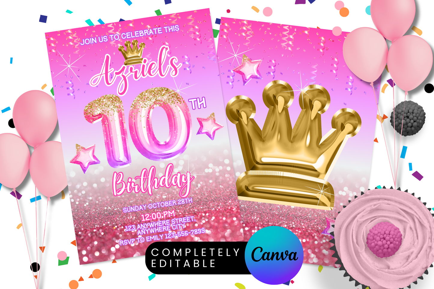 Pink Princess Crown Foil Birthday Party Invitation