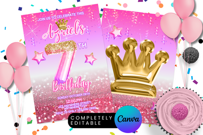 Pink Princess Crown Foil Birthday Party Invitation