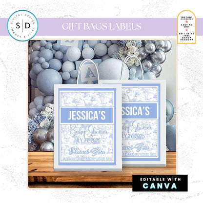 🦁 Safari Toile de Jouy Baby Shower Bundle – Dusty Blue Edition