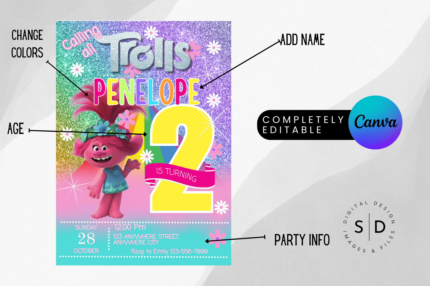 Calling All Trolls Birthday Party Invitation