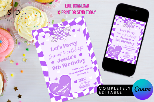Retro Checkboard Birthday Party Invitation