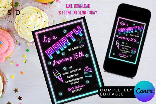 It's a Party Neon Light Digital Birthday Invitation