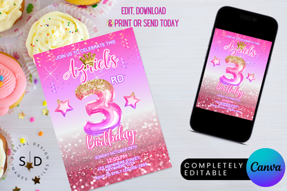 Pink Princess Crown Foil Birthday Party Invitation