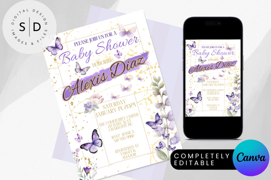 Purple Watercolor Butterflies Baby Shower Invitation