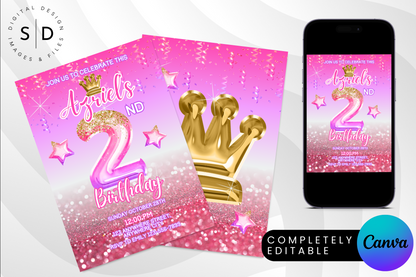 Pink Princess Crown Foil Birthday Party Invitation