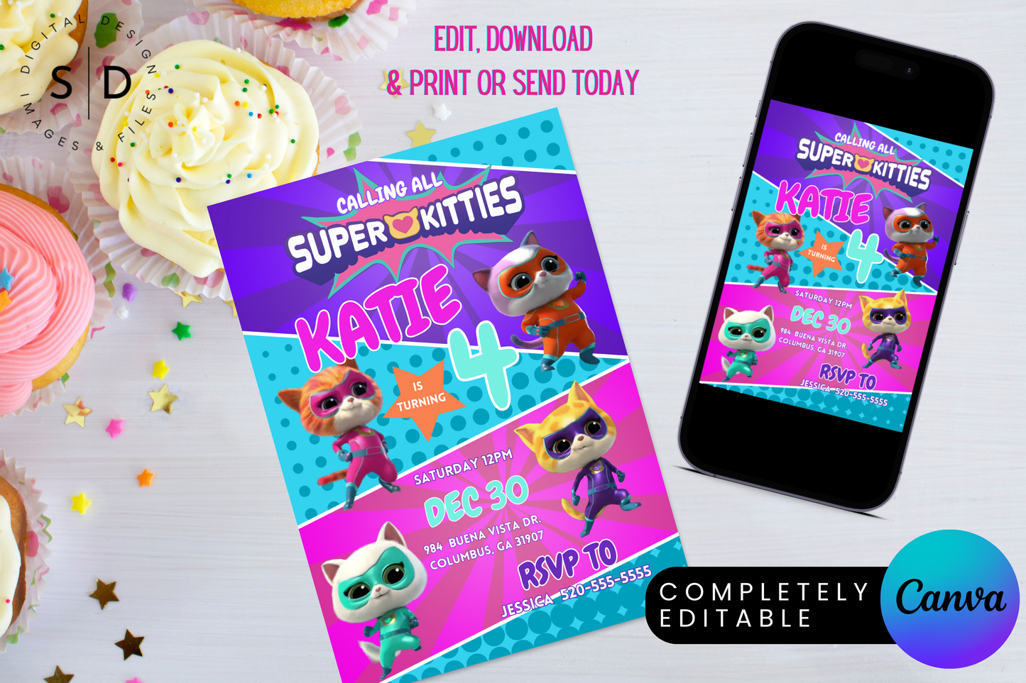 Super Kittie Birthday Invitation Template