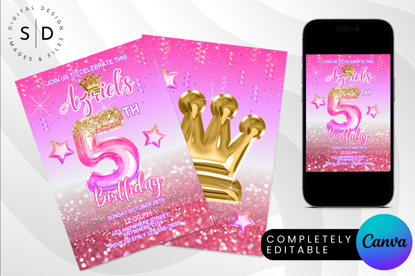 Pink Princess Crown Foil Birthday Party Invitation