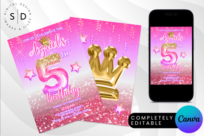 Pink Princess Crown Foil Birthday Party Invitation