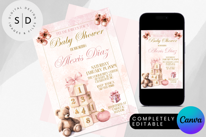 Blush Pink & Gold Bear Baby Shower Invitation