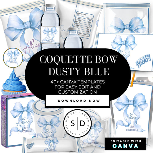 Dusty Blue Coquette Bow Party Favor Canva Template Bundle ✨