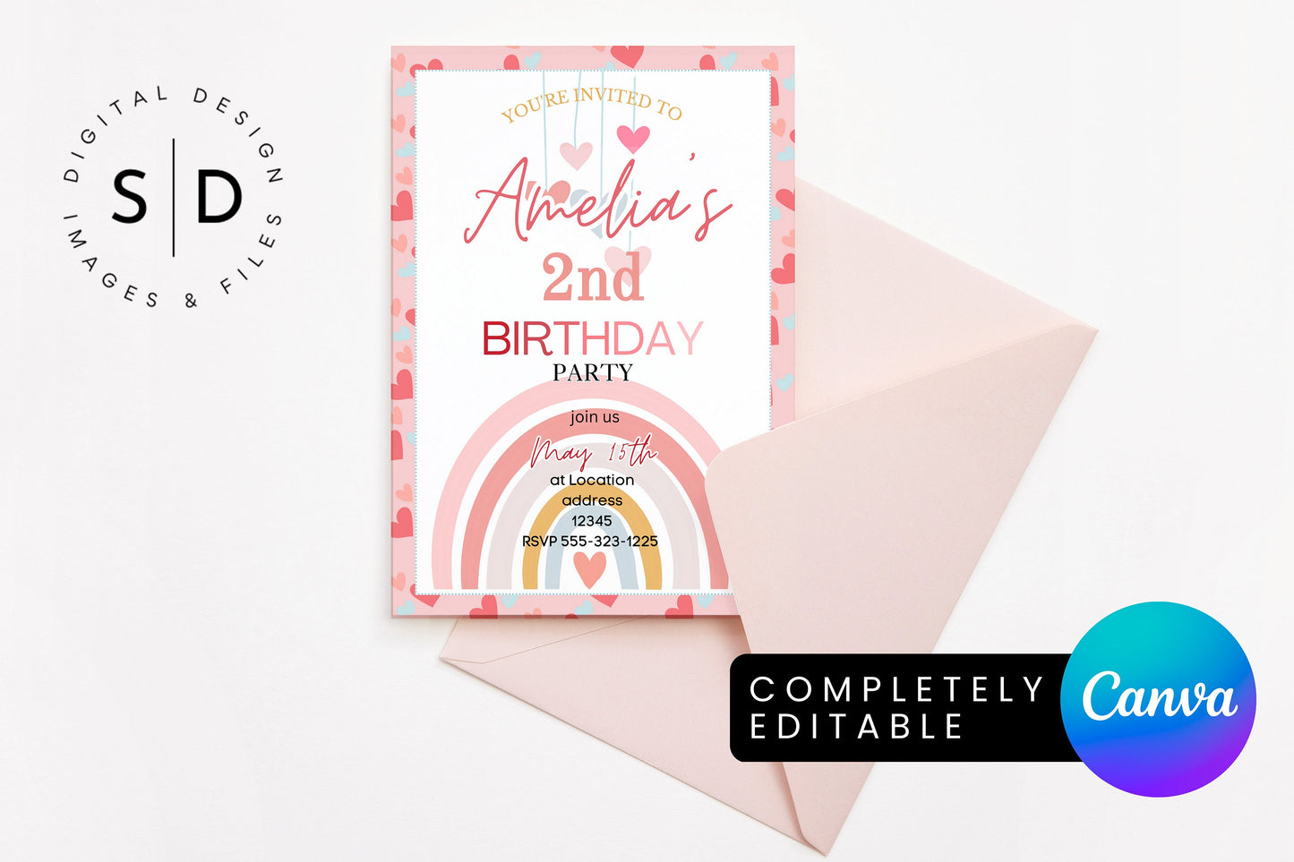 Rainbow Hearts Party Invitation